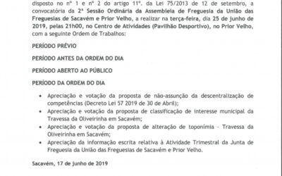 EDITAL Nº13 – Sessão Ordinária da Assembleia de Freguesia da União das Freguesias de Sacavém e Prior Velho – 25 junho 2019