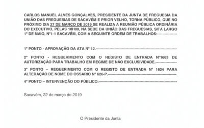 EDITAL Nº 13 – Reunião Pública Ordinária do Executivo – 27 março 2019