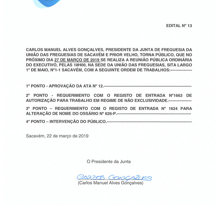 EDITAL Nº 13 – Reunião Pública Ordinária do Executivo – 27 março 2019