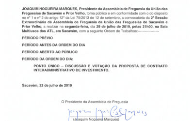 EDITAL Nº 14 – 2ª Sessão Extraordinária da Assembleia de Freguesia da União das Freguesias de Sacavém e Prior Velho – 29 julho 2019