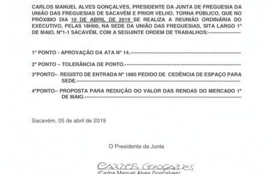 EDITAL Nº 15 – Reunião Ordinária do Executivo – 10 abril 2019