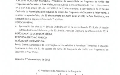 EDITAL Nº 15 – 3ª Sessão Ordinária da Assembleia de Freguesia da União das Freguesias de Sacavém e Prior Velho – 25 setembro 2019