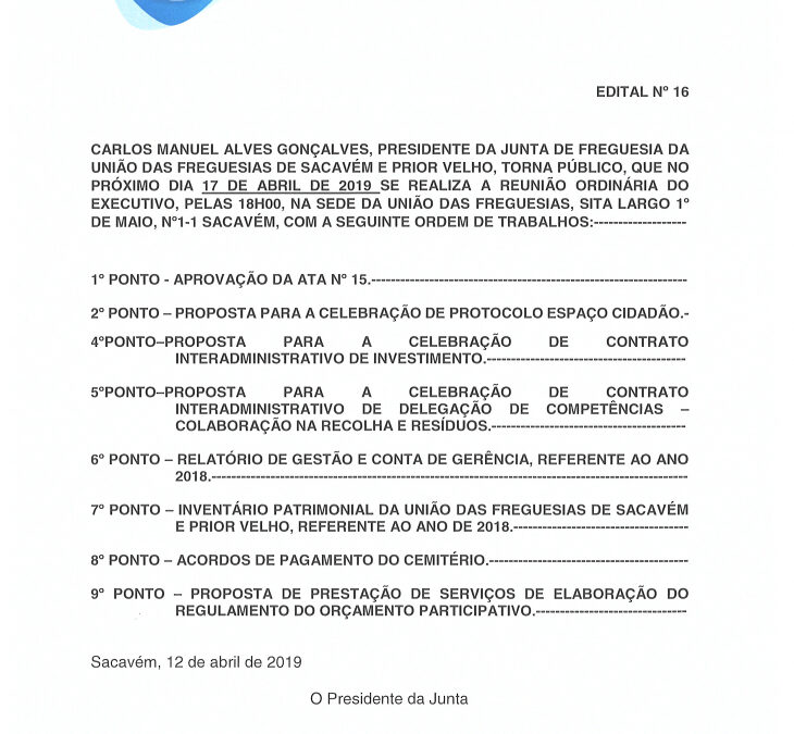 EDITAL Nº 16 – Reunião Ordinária do Executivo – 17 abril 2019