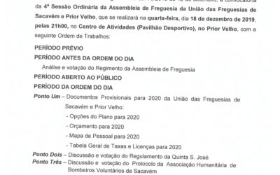 EDITAL Nº 16 – 4ª Sessão Ordinária da Assembleia de Freguesia da União das Freguesias de Sacavém e Prior Velho – 18 dezembro 2019