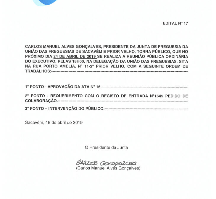 EDITAL Nº 17 – Reunião Pública Ordinária do Executivo – 24 abril 2019