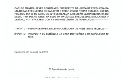 EDITAL Nº 18 – Reunião Extraordinária do Executivo – 30 abril 2019