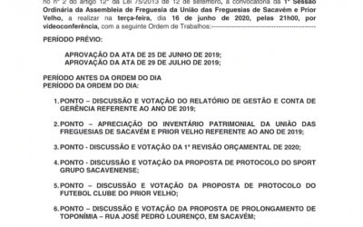 EDITAL Nº 18 – 1ª Sessão Ordinária da Assembleia de Freguesia da União das Freguesias de Sacavém e Prior Velho – 16 junho 2020