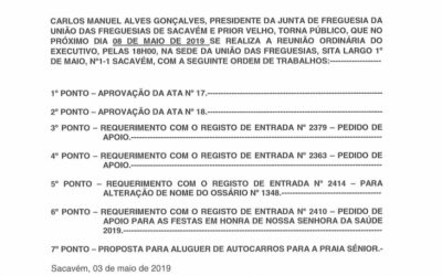 EDITAL Nº 19 – Reunião Ordinária do Executivo – 8 maio 2019