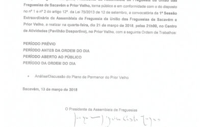 EDITAL Nº 2 – 1ª Sessão Extraordinária – Assembleia de Freguesia da União das Freguesias de Sacavém e Prior Velho – 21 março 2018