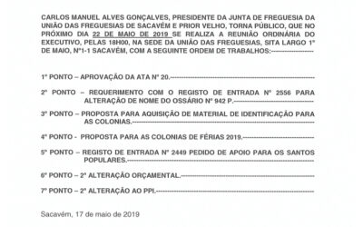 EDITAL Nº 21 – Reunião Ordinária do Executivo – 22 maio 2019