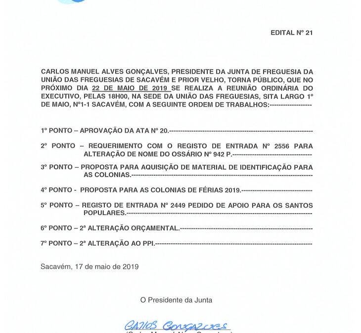 EDITAL Nº 21 – Reunião Ordinária do Executivo – 22 maio 2019