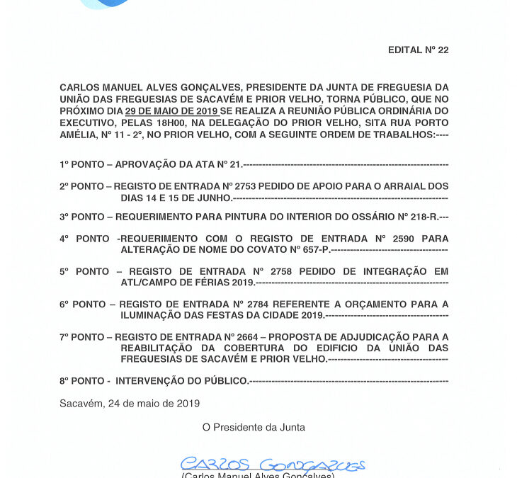 EDITAL Nº 22 – Reunião Pública Ordinária do Executivo – 29 maio 2019