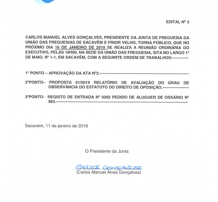 EDITAL Nº 3 – Reunião Ordinária do Executivo – 16 janeiro 2019