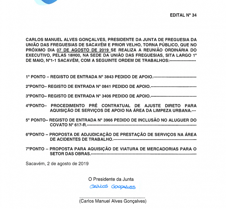 EDITAL Nº 34 – Reunião Ordinária do Executivo – 07 agosto 2019