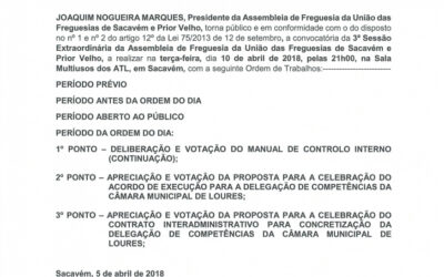 EDITAL Nº 4 – 3ª Sessão Extraordinária da Assembleia de Freguesia da União de Freguesias de Sacavém e Prior Velho – 10 abril 2018