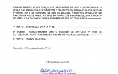 EDITAL Nº 42 – Reunião Ordinária do Executivo – 2 outubro 2019