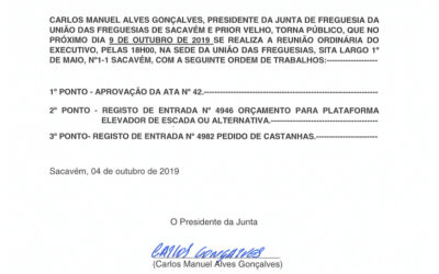 EDITAL Nº 43 – Reunião Ordinária do Executivo – 9 outubro 2019