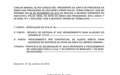 EDITAL Nº 47 – Reunião Ordinária do Executivo – 6 novembro 2019