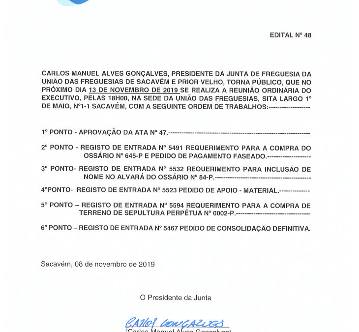 EDITAL Nº 48 – Reunião Ordinária do Executivo – 13 novembro 2019