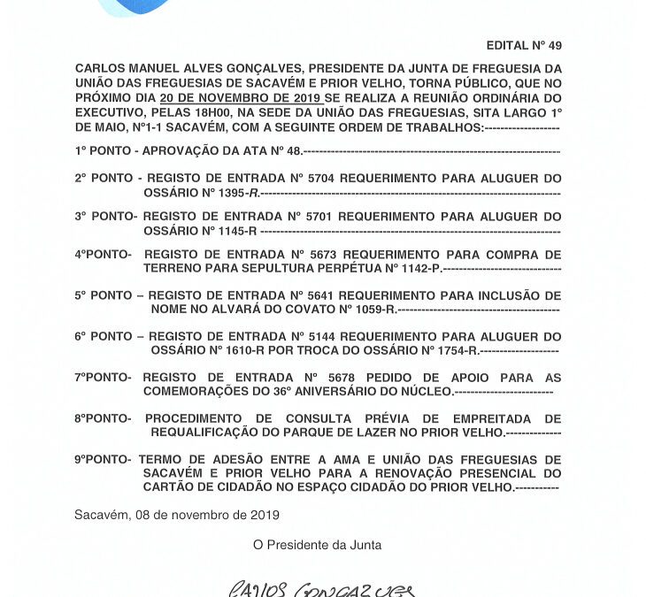 EDITAL Nº 49 – Reunião Ordinária do Executivo – 20 novembro 2019