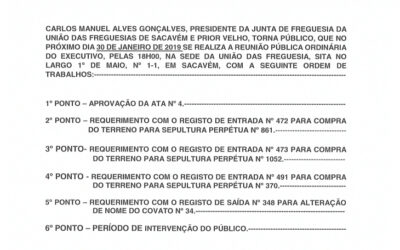 EDITAL Nº 5 – Reunião Pública Ordinária do Executivo – 30 janeiro 2019