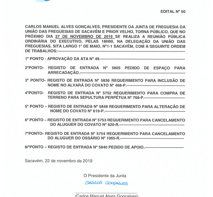 EDITAL Nº 50 – Reunião Pública Ordinária do Executivo – 27 novembro 2019