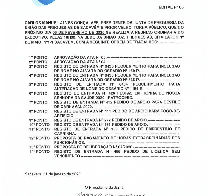 EDITAL Nº 5 – Reunião Ordinária do Executivo – 05 fevereiro 2020