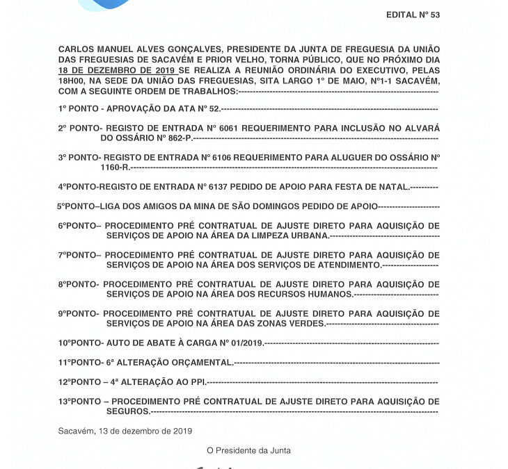 EDITAL Nº 53 – Reunião Ordinária do Executivo – 18 dezembro 2019