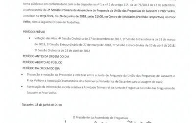 EDITAL Nº 6 – 2ª Sessão Ordinária da Assembleia de Freguesia da União das Freguesias de Sacavém e Prior Velho – 26 junho 2018