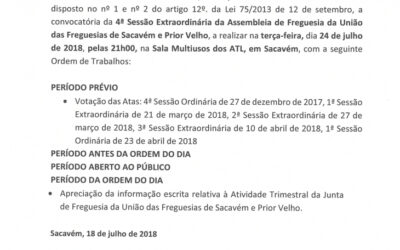 EDITAL Nº 7 – 4ª Sessão Extraordinária da Assembleia de Freguesia da União das Freguesias de Sacavém e Prior Velho – 24 julho 2018