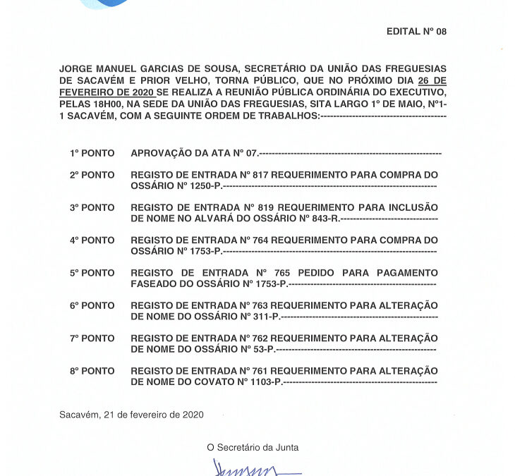 EDITAL Nº 8 – Reunião Pública Ordinária do Executivo – 26 fevereiro 2020