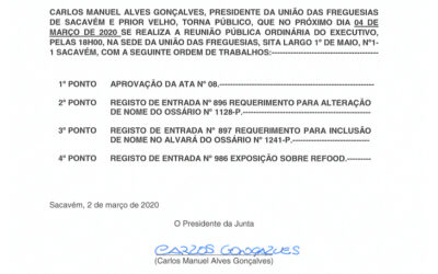 EDITAL Nº 9 – Reunião Pública Ordinária do Executivo – 4 março 2020