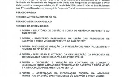 EDITAL Nº 5 – 1ª Sessão Ordinária da Assembleia de Freguesia da União das Freguesias de Sacavém e Prior Velho – 23 abril 2018