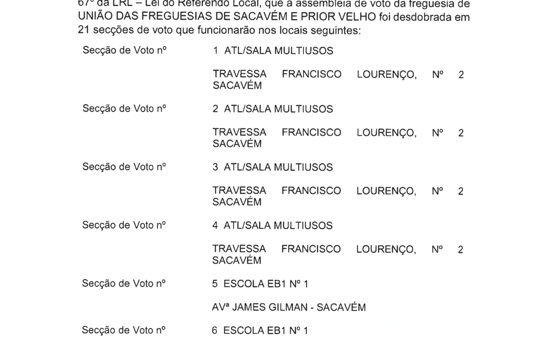 EDITAL | REFERENDO LOCAL –  29 de janeiro de 2023 | DESDOBRAMENTO DAS ASSEMBLEIAS DE VOTO