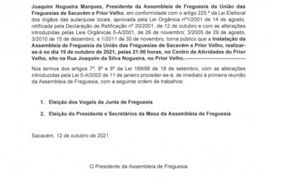 EDITAL – Instalação da Assembleia de Freguesia da União das Freguesias de Sacavém e Prior Velho – 19 outubro 2021