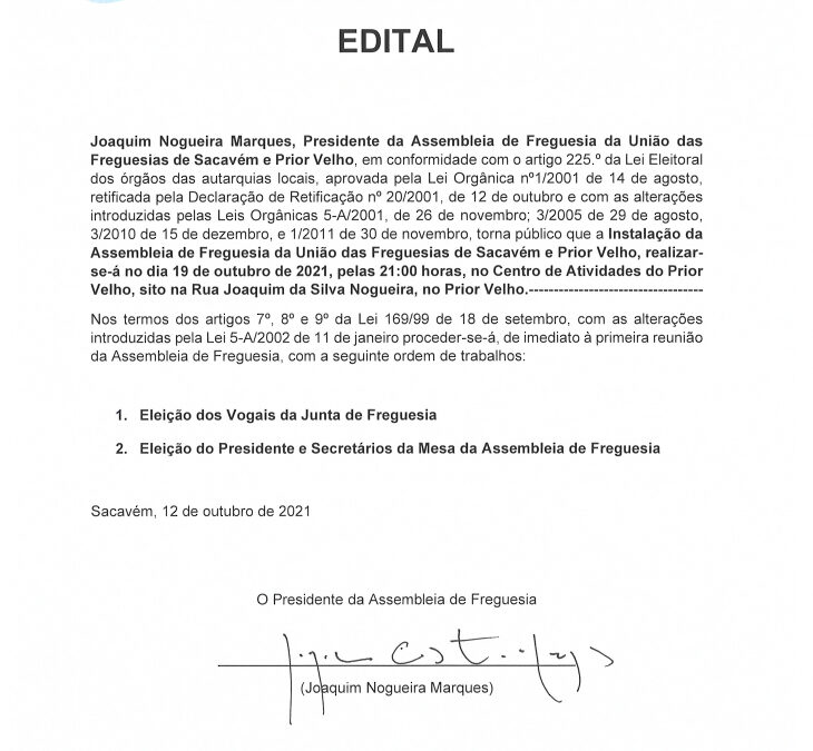 EDITAL – Instalação da Assembleia de Freguesia da União das Freguesias de Sacavém e Prior Velho – 19 outubro 2021