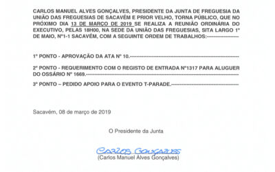 EDITAL Nº 11 – Reunião Ordinária do Executivo – 13 março 2019