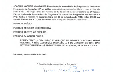 EDITAL Nº 8 – 5ª Sessão Extraordinária da Assembleia de Freguesia da União das Freguesias de Sacavém e Prior Velho – 10 setembro 2018