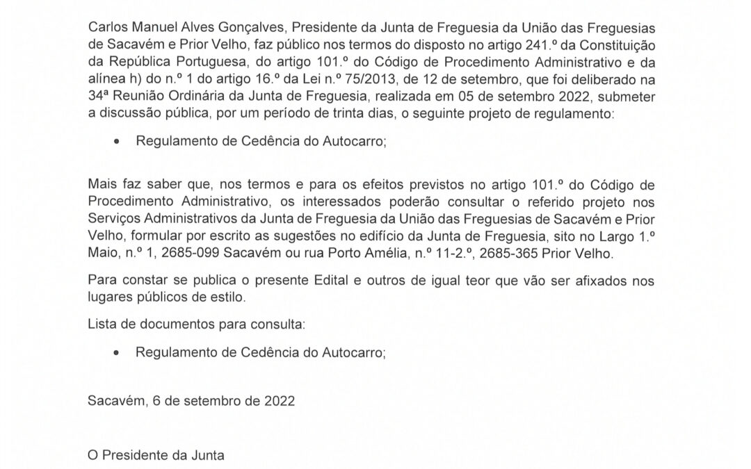 EDITAL | DISCUSSÃO PÚBLICA DO REGULAMENTO DE CEDÊNCIA DO AUTOCARRO