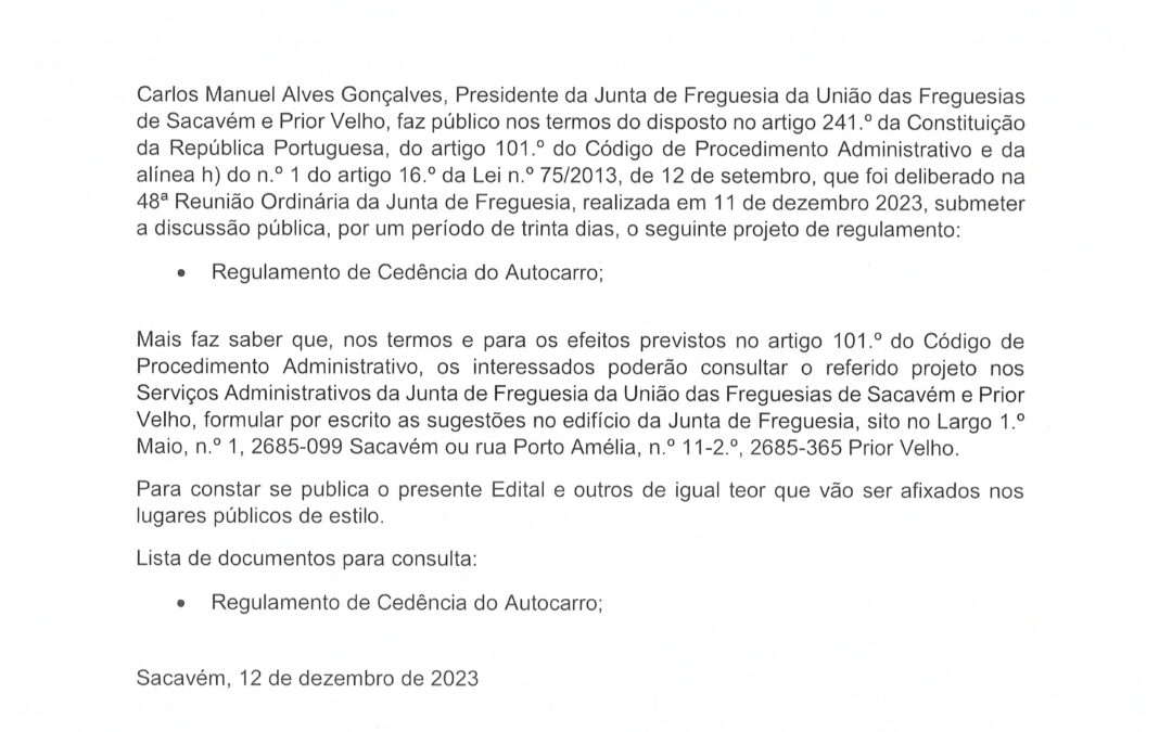 EDITAL | REGULAMENTO DE CEDÊNCIA DO AUTOCARRO