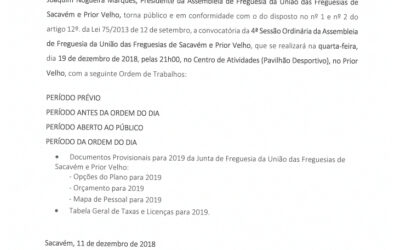 EDITAL Nº 10 – 4ª Sessão Ordinária da Assembleia de Freguesia da União das Freguesias de Sacavém e Prior Velho – 19 dezembro 2018