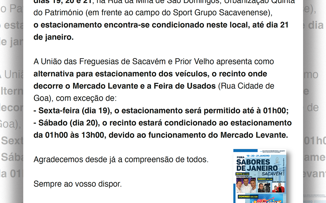 AVISO | ESTACIONAMENTO ALTERNATIVO | FEIRA SABORES DE JANEIRO | 19, 20 E 21 DE JANEIRO | SACAVÉM