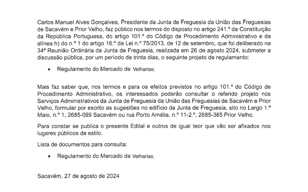 EDITAL | PROPOSTA DE REGULAMENTO DO MERCADO DE VELHARIAS