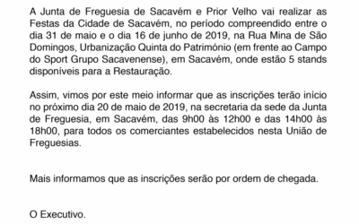 INSCRIÇÕES | RESTAURAÇÃO FESTAS DA CIDADE DE SACAVÉM 2019