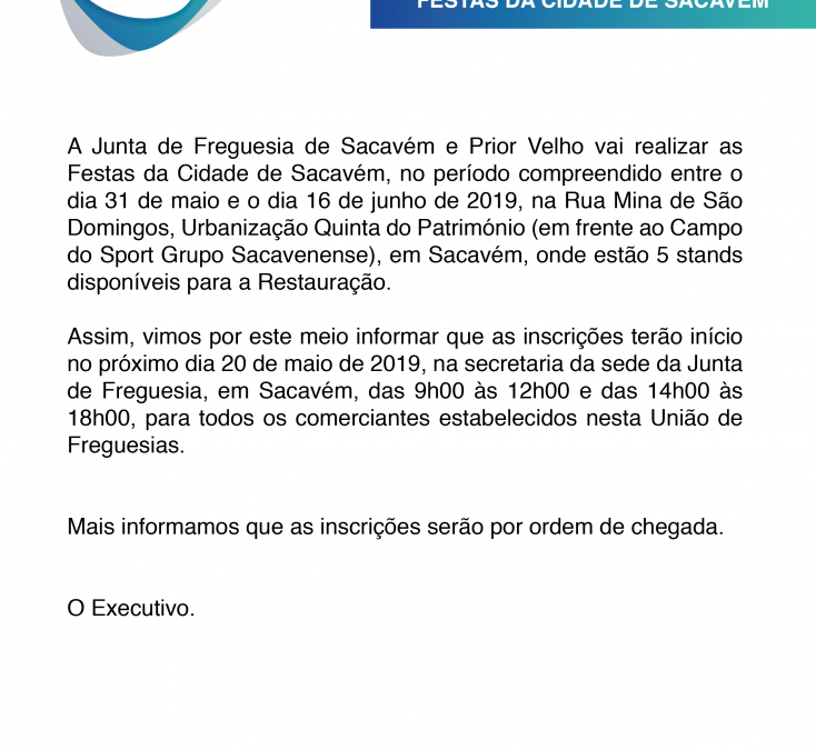 INSCRIÇÕES | RESTAURAÇÃO FESTAS DA CIDADE DE SACAVÉM 2019