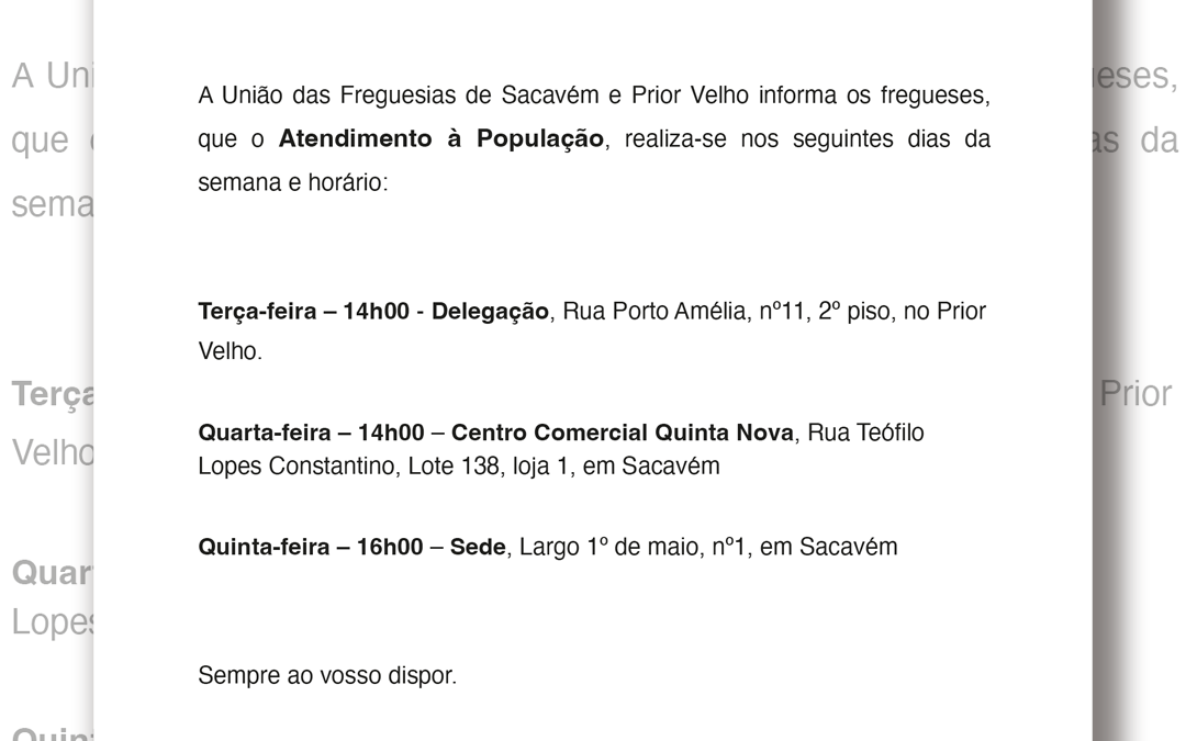 INFORMAÇÃO | ATENDIMENTO À POPULAÇÃO | SACAVÉM E PRIOR VELHO