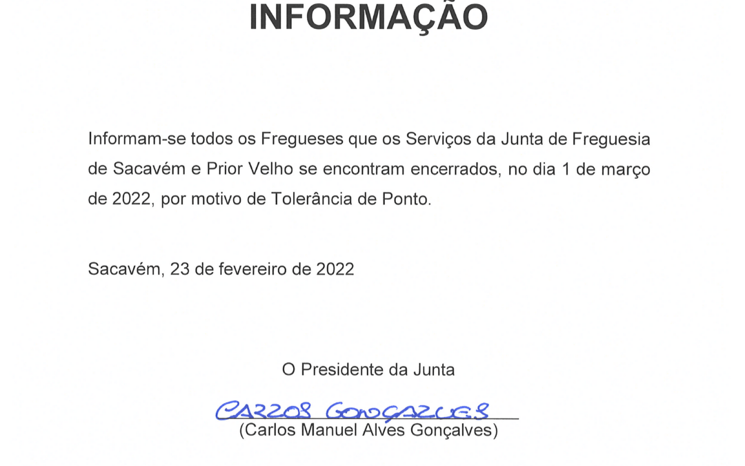 Informação à População | Tolerância de Ponto dia 1 de Março 2022