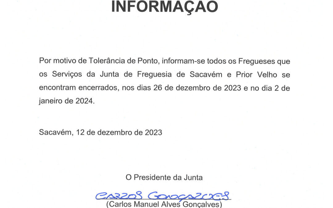 INFORMAÇÃO | TOLERÂNCIA DE PONTO | 26 DE DEZEMBRO E 2 DE JANEIRO