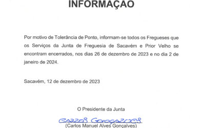 INFORMAÇÃO | TOLERÂNCIA DE PONTO | 26 DE DEZEMBRO E 2 DE JANEIRO