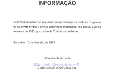 AVISO | TOLERÂNCIA DE PONTO | 20 E 21 DE FEVEREIRO